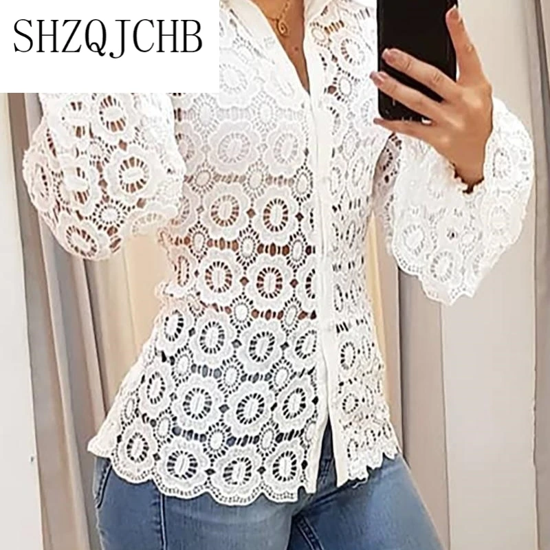 

JCHB Women Sexy Autumn Hollow Out Shirt Top Casual Ladies Elegant Turn Down Collar Long Flare Sleeve Single Breasted Blouse