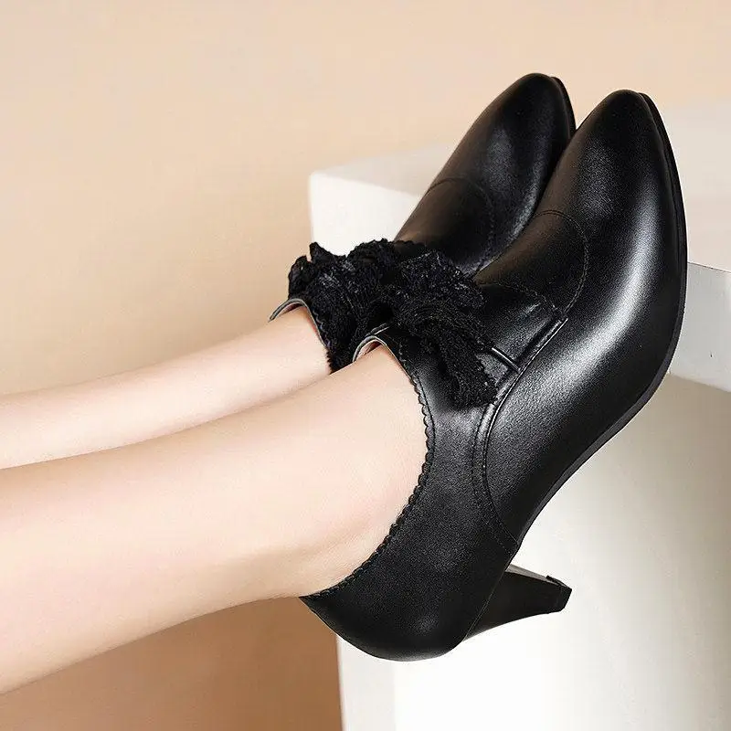 

Women High Heels Shoes Platform Wedges Female Pumps Black PU Leather Lace Up Thick Bottom Round Toe Casual Shoes U22-56