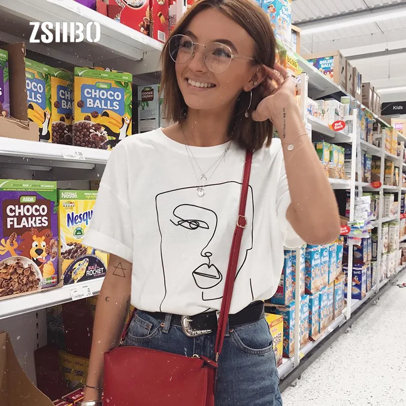 Женская свободная футболка с абстрактным принтом лица большие размеры