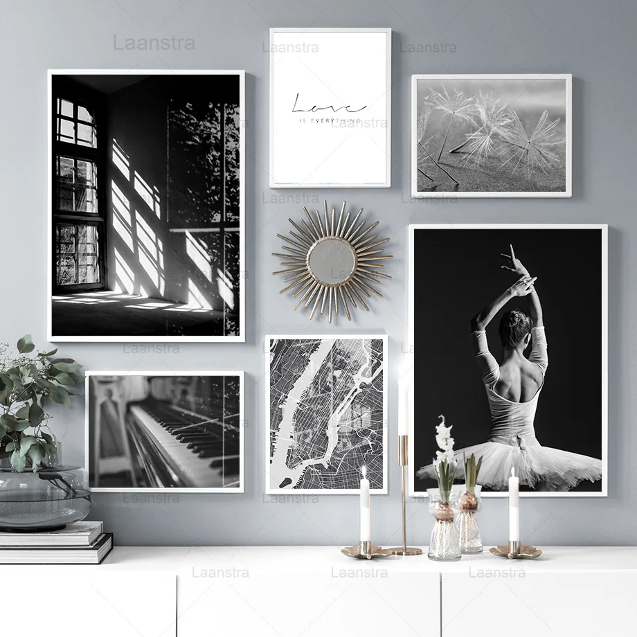 

Modern Black and White Canvas Paintings of Sunlight Outside The Window Poster Piano Keys Wall Pictures Living Room Ballet Dancer
