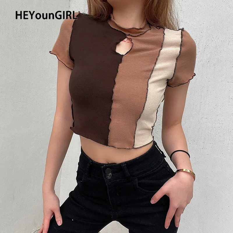 Кроп топ HEYounGIRL женский с вырезами Повседневная летняя коричневая футболка
