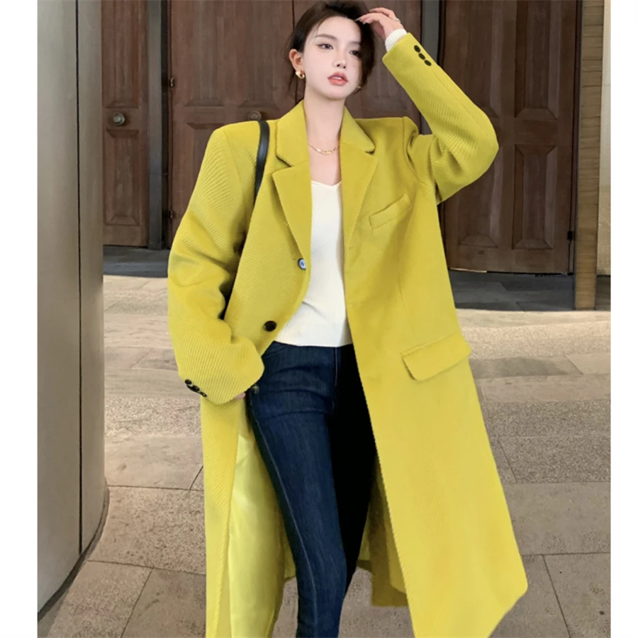 

Women Casual Notched Collar Single-Breasted Loose Woolen Coats 2021 Autumn Winter Thicken Split Female Blend Coats Outwear