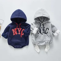 infant girls jumpsuit winter velvet baby boys bodysuits long sleeve hooded letter print toddler clothes sweatshirt