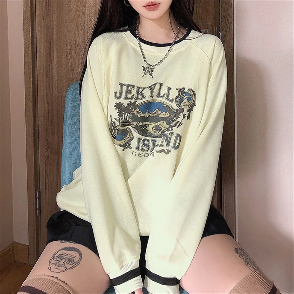 

Casual Women Autumn Winter Warm Long Sleeve Sweatshirts Y2K Mysterious Letter Print Loose Pullover Gentle Beige Tops