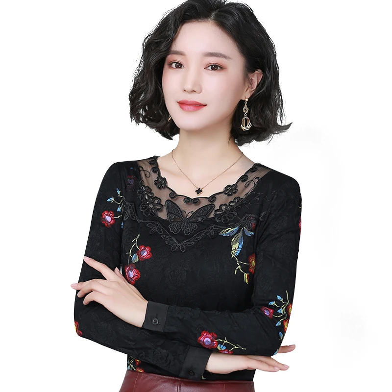 

2019 New Autumn Women Shirts Full Sleeve Lace Keep Warm Upset Atginning Brief Paragraph Blouse Shirt Black 6146