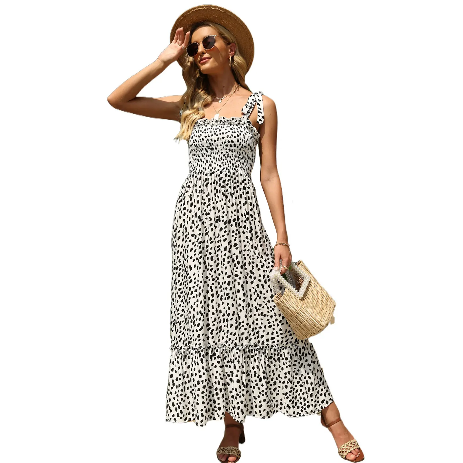 

2021 Casual Female Long Dress, Floral Print Sleeveless Strappy Sundress for Summer, White/Yellow/Black/Reddish Orange