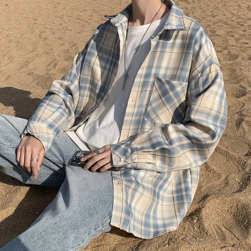 

Shirts Men Plaid Patchwork Pocket Simple Design Turn-down Collar Streetwear Chic Stylish Long Sleeve Korean Style Cool Loose Ins