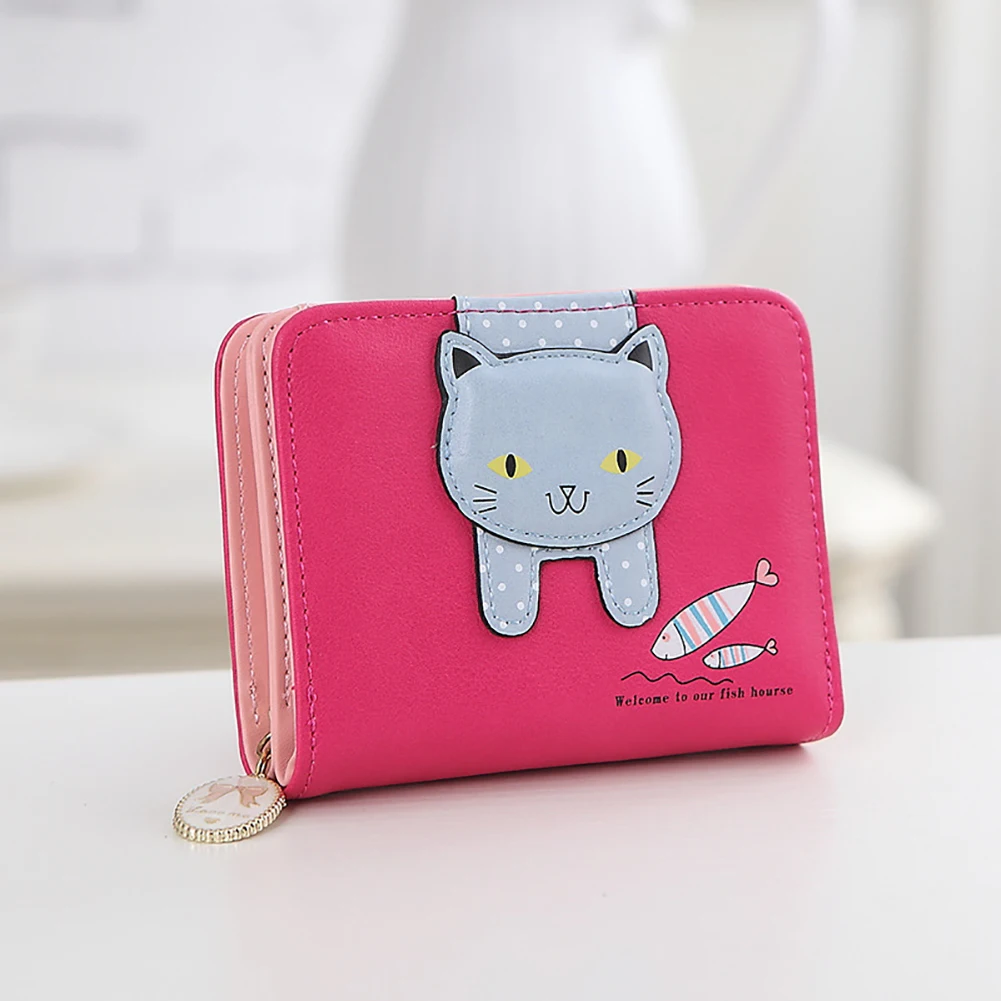 

Cute Cat Money Short Cartoon PU Leather Zipper Closure Hasp Folding Coin Card Portable Gift Women Wallet