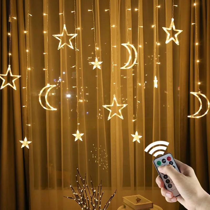 

Luzes de natal led string 220v/110v cortina de luz de fadas lua estrela lmpada guirlandas decorao para festa em casa iluminao