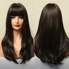 Парик для чернокожих женщин ALAN EATON, Синтетические длинные прямые Многослойные темно-коричневые волосы, с челкой, из высокоплотного термоволокна