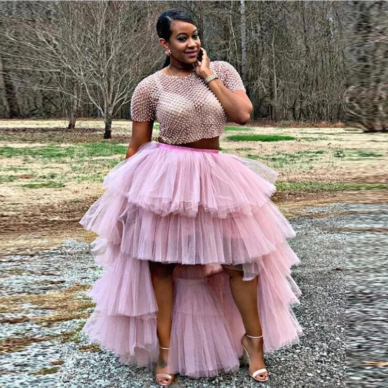 

New Arrival Pink Hi Low Tiered Tulle Skirts Women Extra Puffy Tulle Elastic Waistline Long Party Formal Skirt 2020 Custom