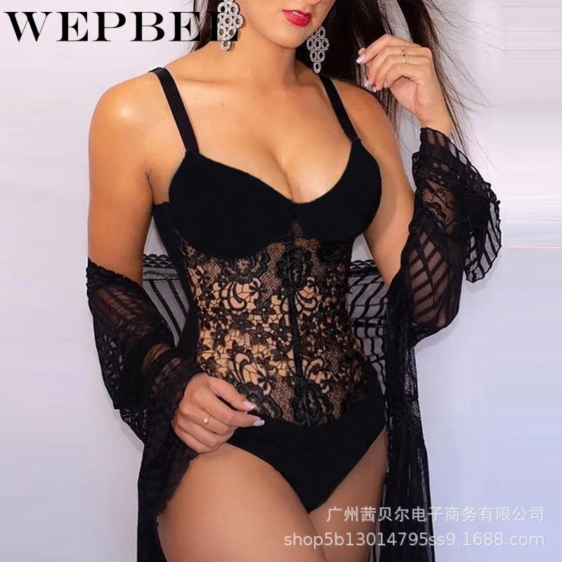 

WEPBEL Women Sexy Lace Mesh Patchwork Underwear Lingerie Set Ladies Strap Halter Hollow Out Bra Briefs Gown Nightwear Bodysuit