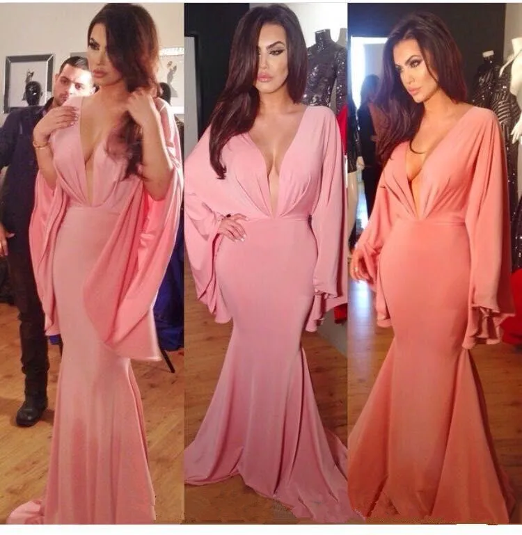 Вечерние платья с длинным рукавом 2020 глубокий v-образный вырез кораллово-розовый