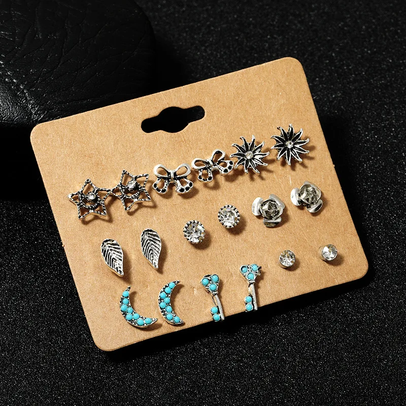 

9 Pairs/set Classic Mix Star Moon Bow Flower Key Leaf Stud Earrings Sets For Women Girl Gifts Bohemian Fashion Jewelry