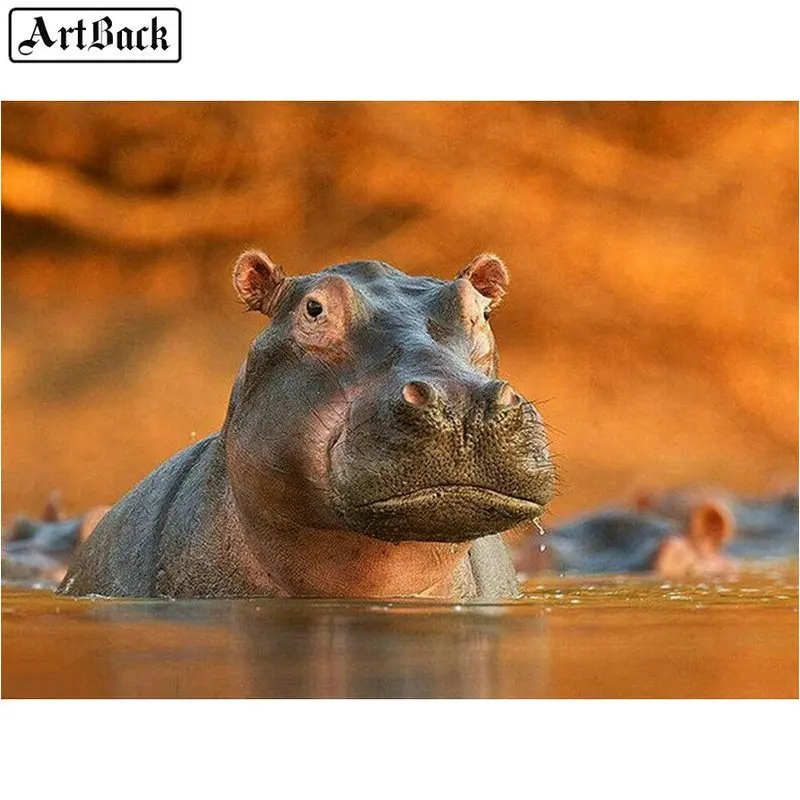 Animal 5d diy diamond painting hippo full square round rhinestone diamond mosaic sticker 3d diamond embroidery
