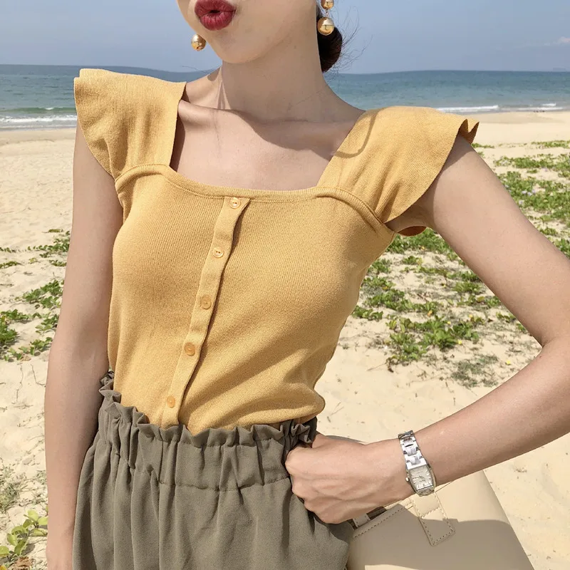 Женский трикотажный топ TingYiLi синий бежевый фиолетовый желтый розовый черный