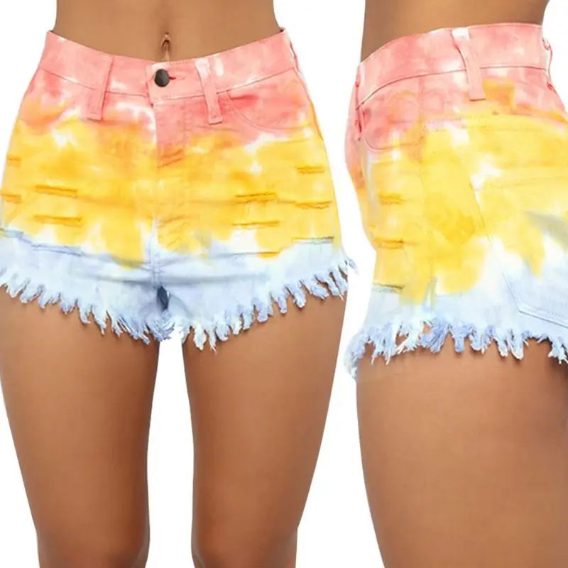 

Women Casual Sexy Ripped Denim Shorts Tie-dye Tassel Pocket Jeans Summer Beach Holiday Short Pants