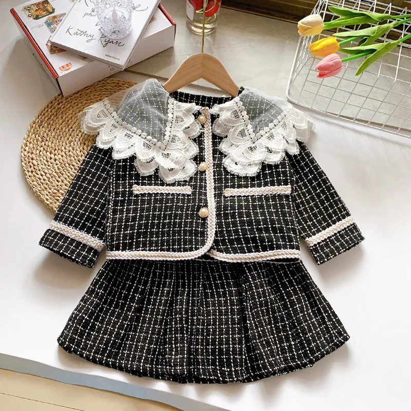 

Girls Streetwear Clothes Children Fashion Plaid Suit Autumn Winter Kids Lace Lapel Jackets With Skirt 2Pcs Outfits For 3-9 Years