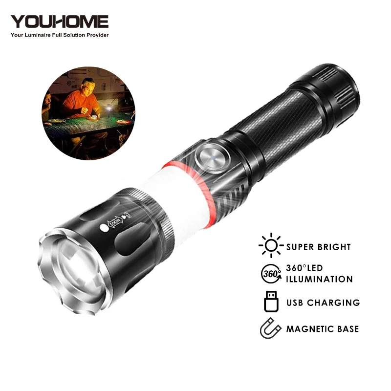 Светодиодный фонарик CREE T6 Surround COB магнитный зуммируемый с usb зарядкой 18650 4 режима