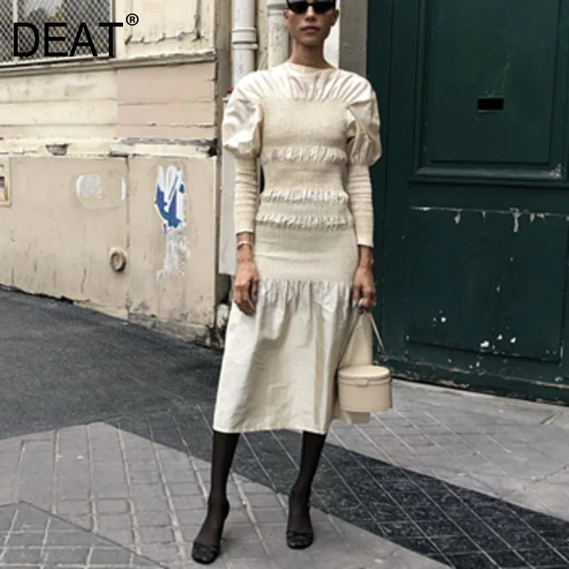 Женское плиссированное платье DEAT длинное с круглым вырезом рукавами фонариками