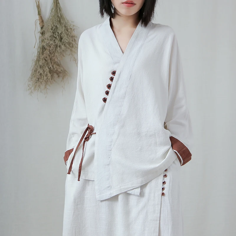 

Aransue Lace Up Blouse Cotton Linen Shirt Women Loose Japanese Linen Top