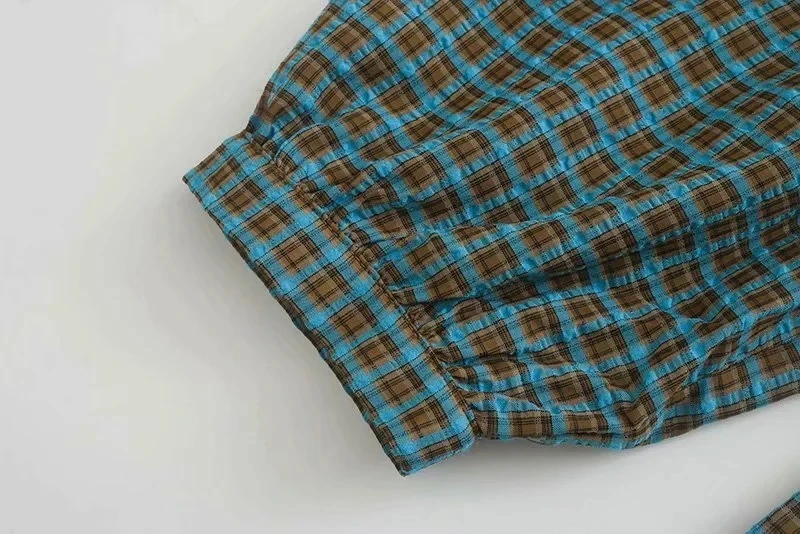 

Plaid Short Blouse Women Shirts Tops Streetwear V Neck Lantern Sleeve Blouse Blusas Vintage Shirt