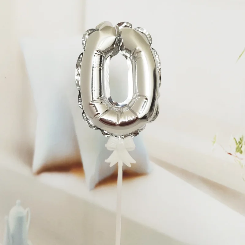 Silver Number 0 Самонадувающиеся мини золотые воздушные шары из фольги в виде цифр Торт Топперы с бантом Пластиковая Палочка Свадьба День Рождения Вечеринка торт поставки - Цвет: Silver Number 0