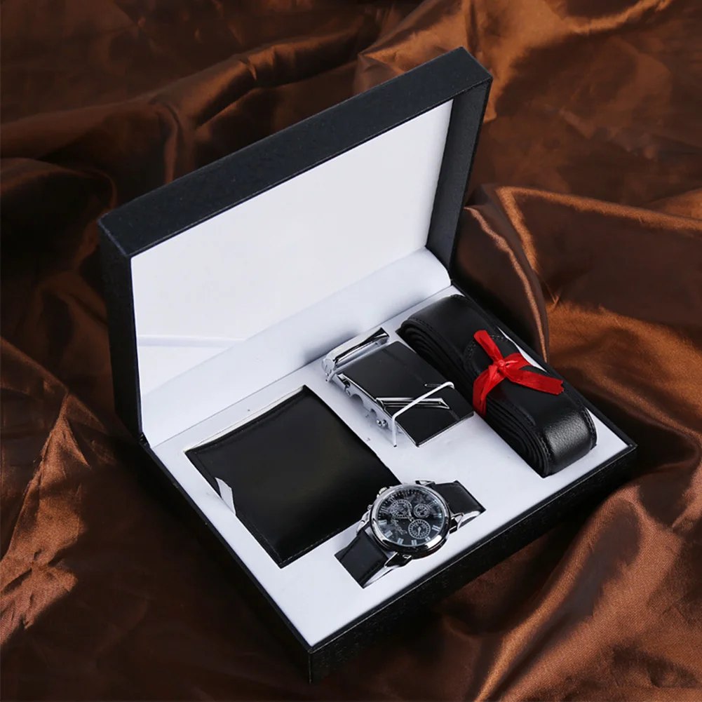 

3pcs Gift Set Boyfriend Wallet Watch Belt Accessories Valentine's Day Fashion Husband PU Colleague Father Birthday Black Box Men