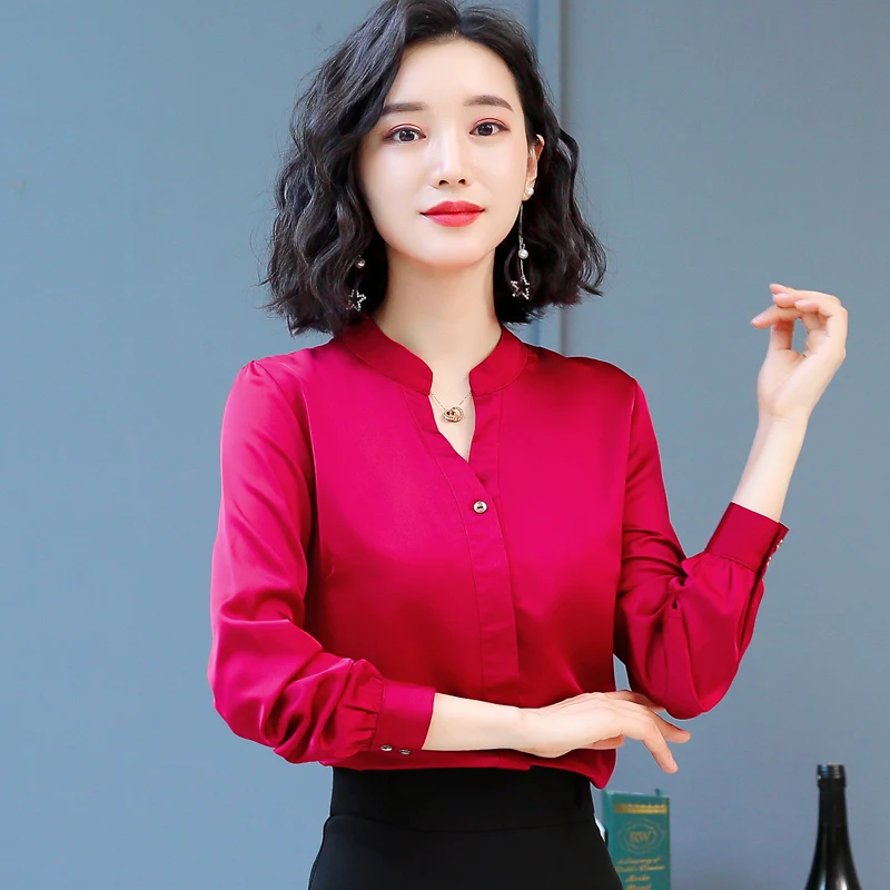 Корейские модные шелковые женские блузки атласные осенние розовые рубашки