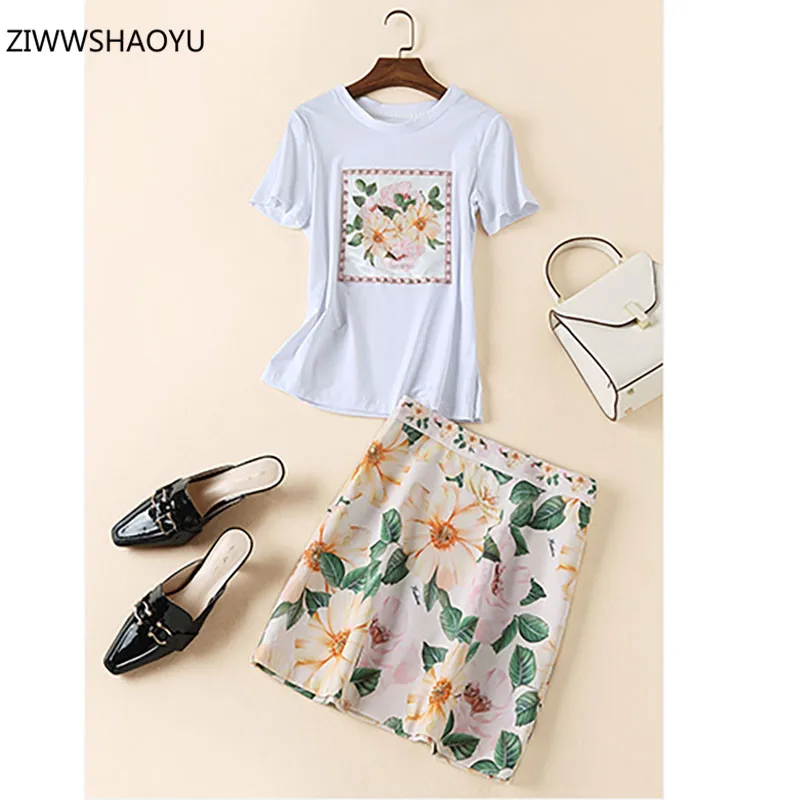 

ZIWWSHAOYU Summer Women Skirt Set O-Neck Short Sleeve Diamonds Floral Printing + Straight Type Slim Half Skirt 2 Piece Set