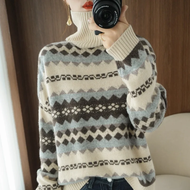 

Turtleneck Sweater Women's Autumn And Winter Thickened New Top National Style Knitting Loose Lazy Wind Jacquard