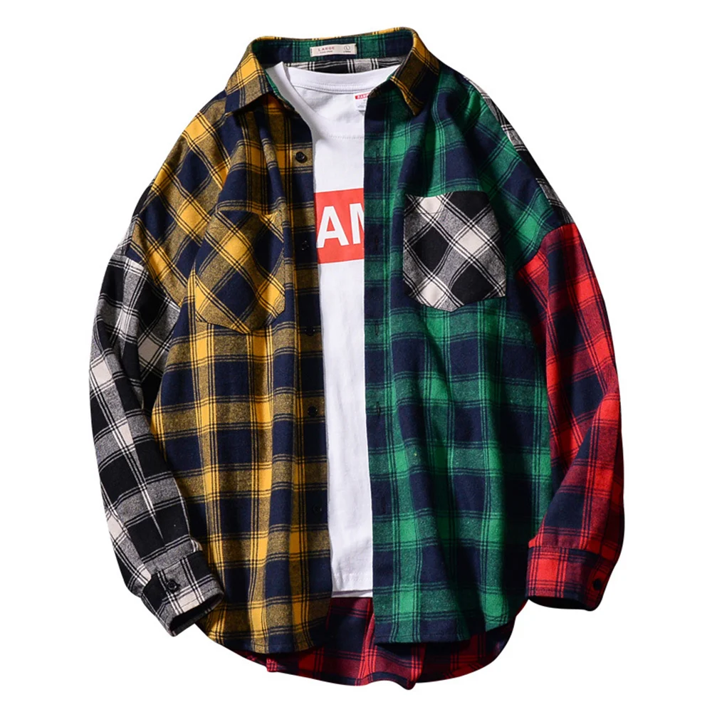 

Рубашка мужская с длинным рукавом, повседневная клетчатая блуза, тонкая модная рубашка в стиле хип-хоп, с воротником с лацканами, красный хл...