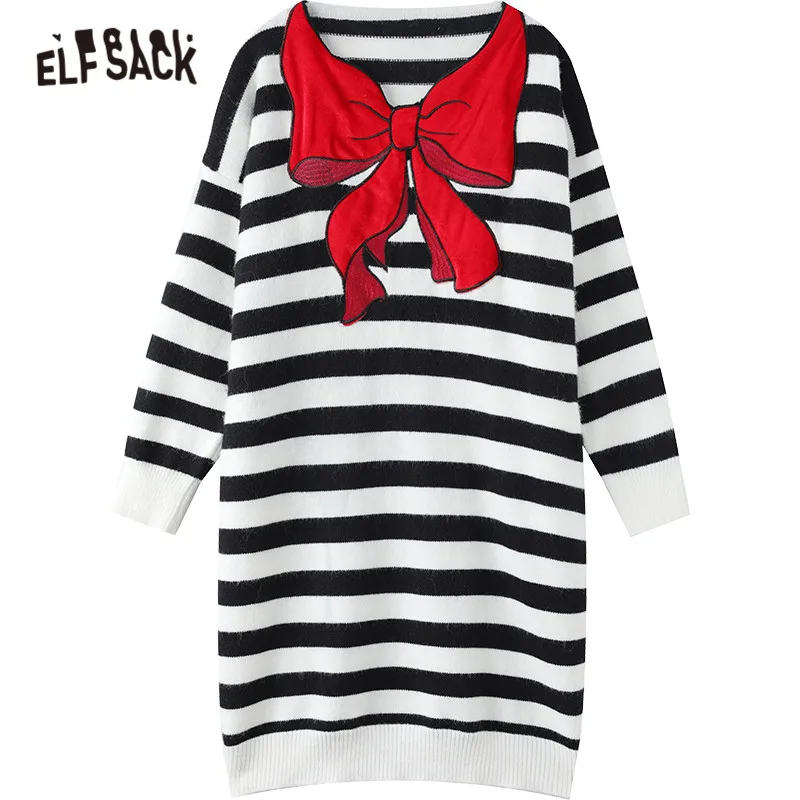 

ELFSACK Striped Bows Embroidery Casual Knit Women Preppy Dress,2021 Winter ELF Vintage Full Sleeve Ladies Daily Warm Dress