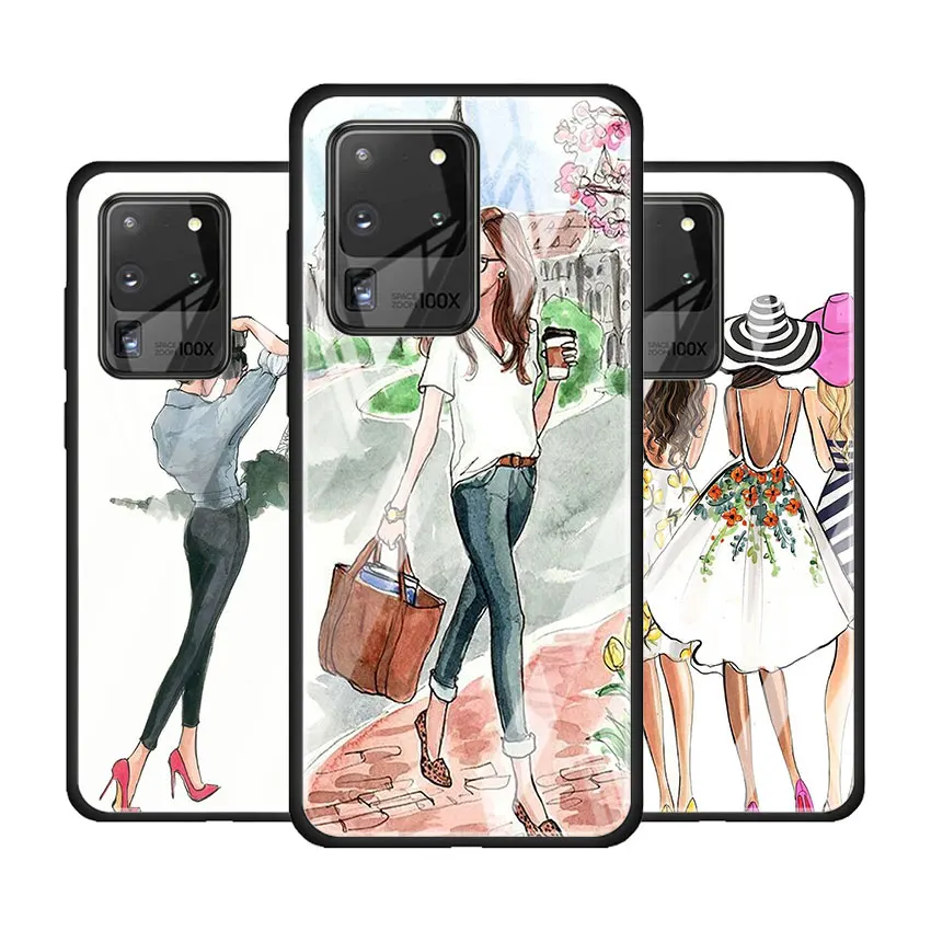 

Tempered Glass Phone Case for Samsung Galaxy S10 S20 Plus S20 Ultra 5G S8 S9 Plus S10 Lite Cover Coque Paris Girl Summer Legs Tr