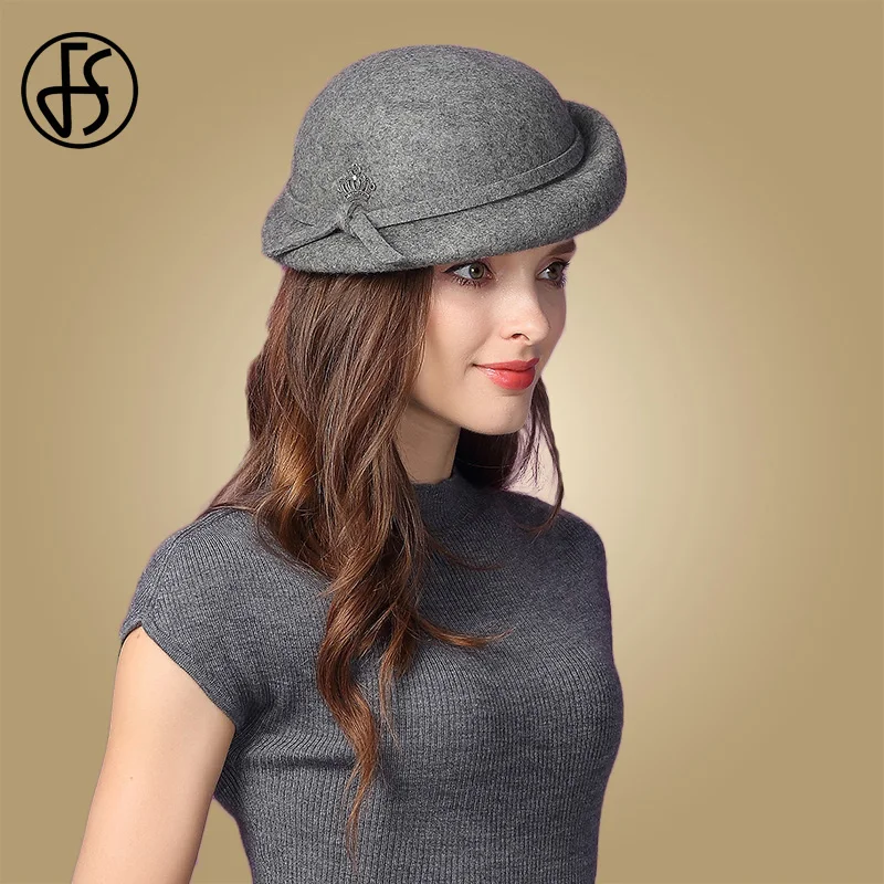 FS элегантная женская шерстяная фетровая котелок черный красный Fedora шляпы для дам