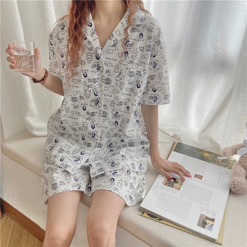 

Vintage Printed Summer Pajamas Set Women Single Breasted Shirts + Shorts Set Two Piece Home Suit Korean Sleepwear Homewear