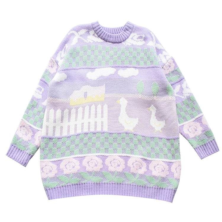 Вязаный свитер с вышитой уткой из мультфильма 2019 Зимний фиолетовый теплый