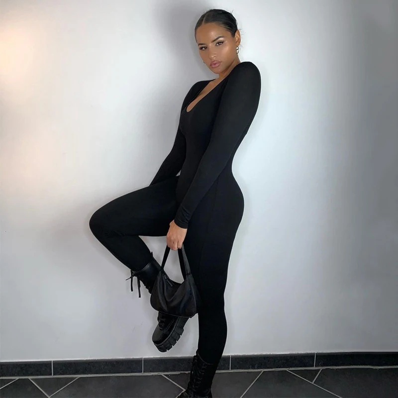 

Kayotuas Women Jumpsuit Fall Winter Long Sleeve O-Neck Bodycon Rompers Playsuit Black Casual Fitness Streetwear Overall Leotard