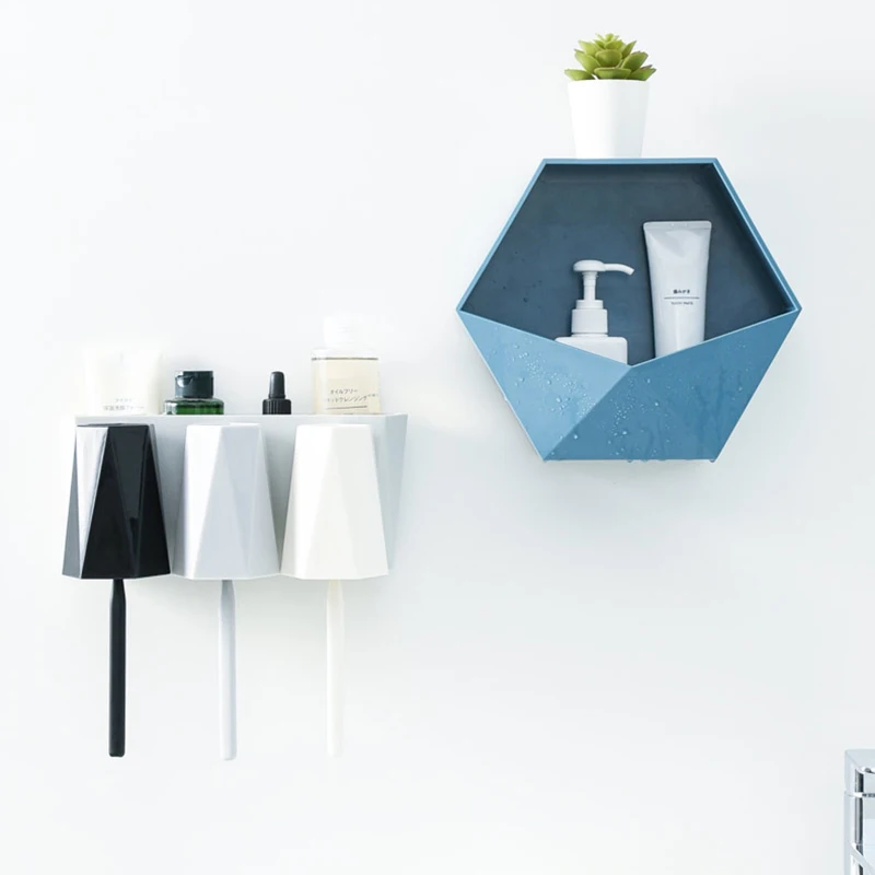 

Wall Mounted Floating Shelves Geometric Hexagonal Creative Storage Rack Modern Adhesive Organizer Punch-Free Wall Decor L23