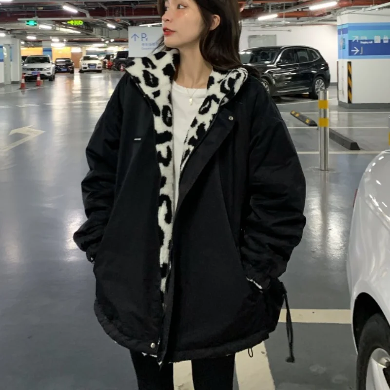 

2021 winter simple new loose double-sided lamb hair leopard print stand-up collar comfortable and warm women's cotton jacket