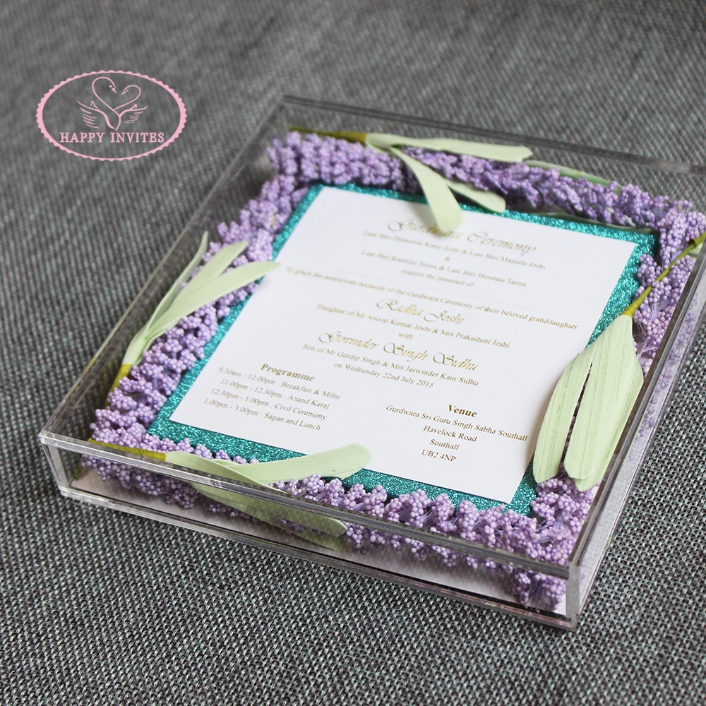 Free Shipping HI4083 Acrylic Box Wedding Invitation with Lavender Flowers Gold Foil Print For Theme | Дом и сад