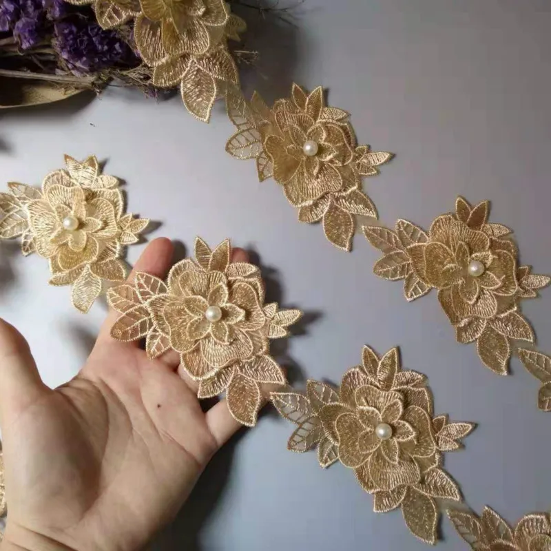 

10X Vintage Gold Polyester Pearl Flower Embroidered Lace Trim Ribbon Fabric Handmade DIY Garment Wedding Dress Sewing Craft New