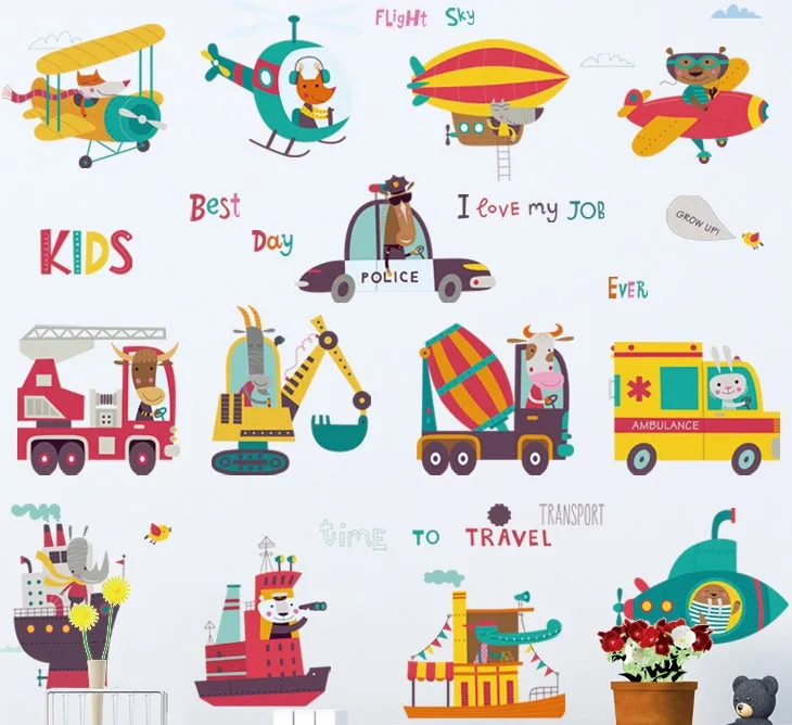 DIY автомобиль самолет детская комната стикер стены мультфильм картинки для