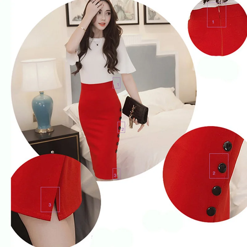 

Plus Size 5XL Fashion Women Work Midi Skirt OL Sexy Open Slit Button Slim Pencil Skirt Elegant Office Ladies Skirts Red