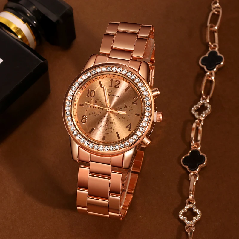 Часы наручные женские классические роскошные в стиле Geneva с браслетом из розового