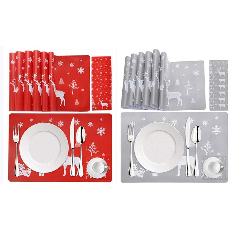 

12PC KitchenTable MatsHeatproof Cloth Christmas Dinning Decoration Placemat ElkTree 6Table Mats Plus6Coasters dining table decor