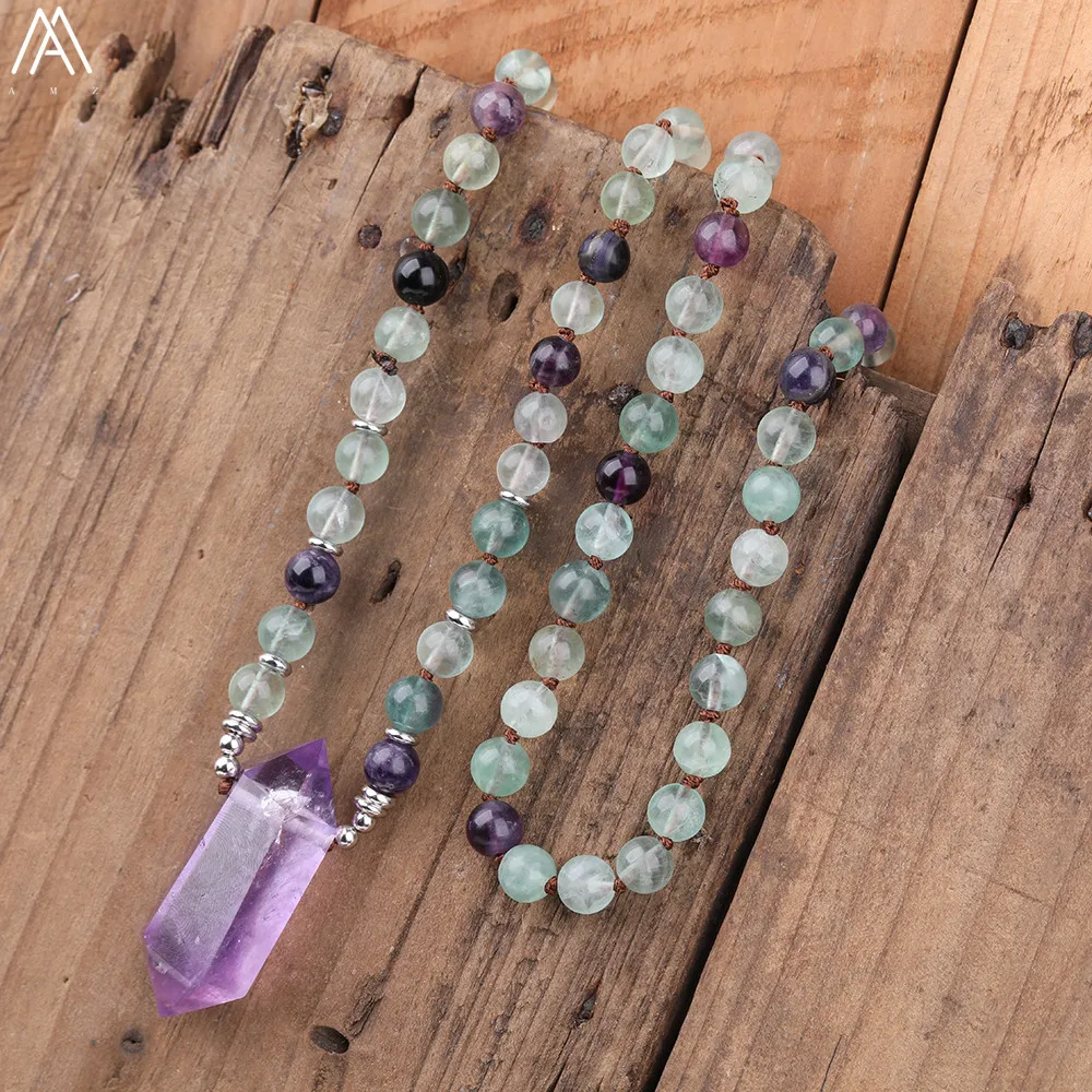 108 Mala Beads натуральный Радужный флюорит камень ожерелье для йоги аметист