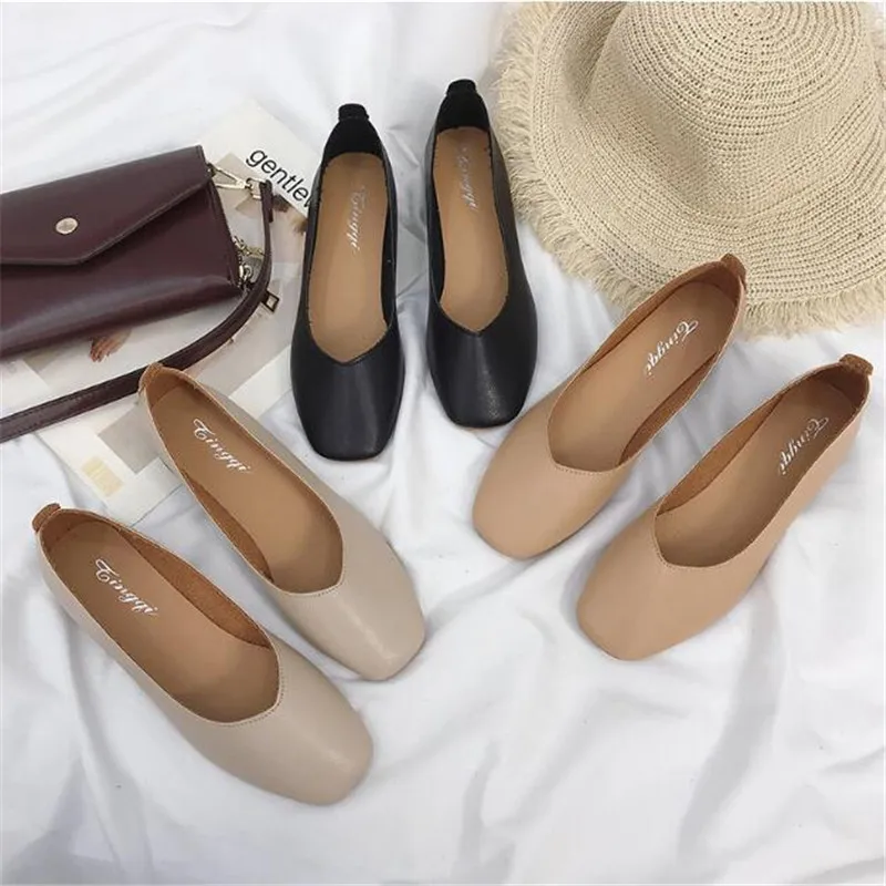 

2021 Med Heel Soft Leather Shoes Women Square Toe Pumps Slip On Square Heel Daily Work All Match Cozy Female Shoes