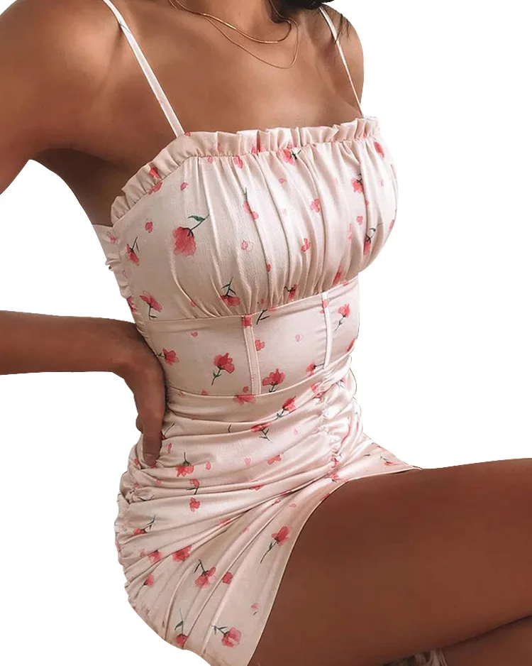 Женское облегающее платье без рукавов с цветочным принтом на тонких бретельках и