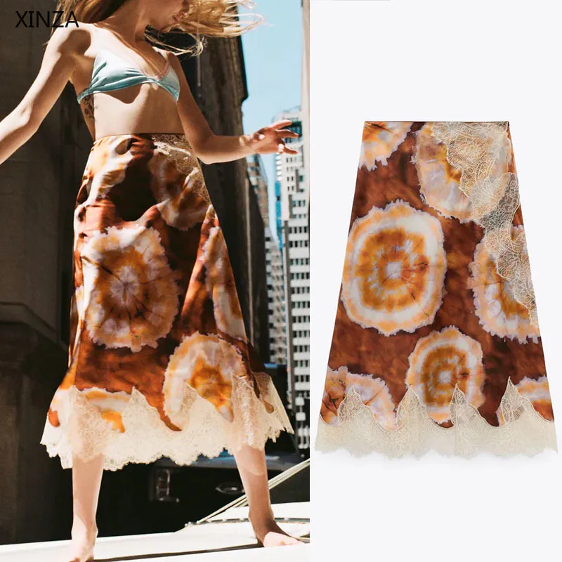 

2021 Za Summer Women Lace Print Skirt Vintage High Waist Midi Skirts Fashion Side Zip Feminine Elegant Lace Applique Party Skirt